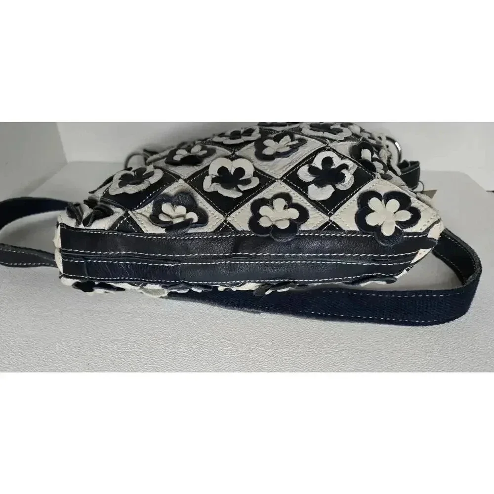 H2Z Leather 3D Floral Navy/Lt. Gray Crossbody Purse Boho Hippie Retro UPCYCLED